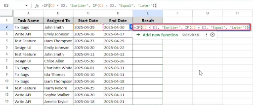 writing formula in cell E2 to compare dates
