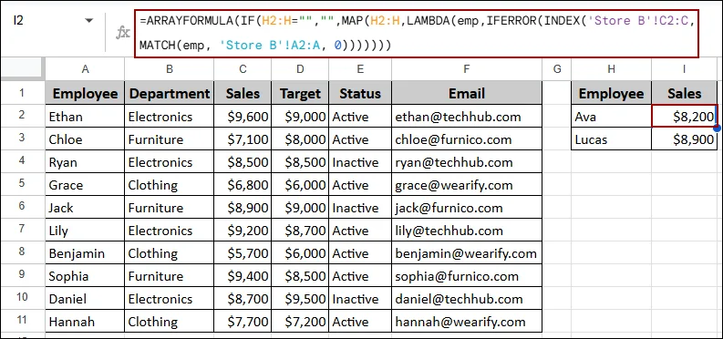 Google Sheets ARRAYFORMULA with INDEX and MATCH Functions