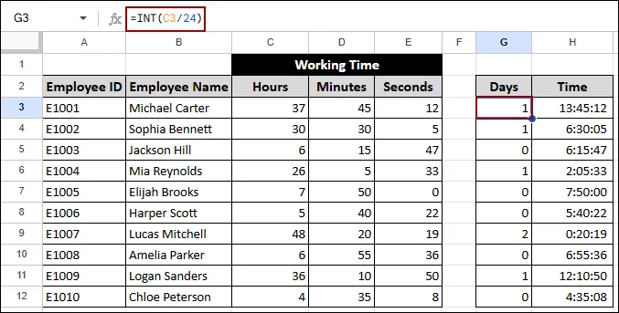 Summing Hours Over 24 Using TIME Function