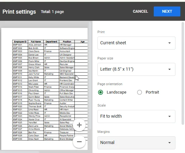 opening print settings