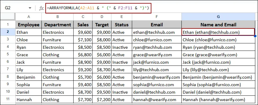 Concatenating Data Using ARRAFORMULA Function in Google Sheets