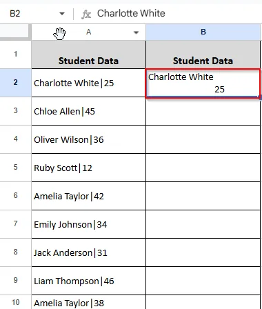 writing name and age diagonally in cell B2