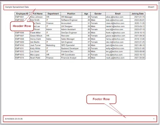 header and footer in the print preview