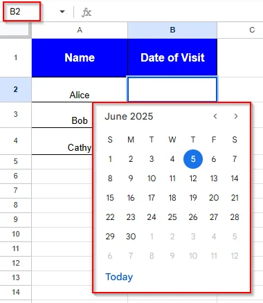calendar in cell B2