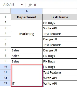 showing merged rows A10 to A13