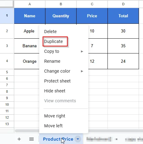 Selecting duplicate option from the menu to copy a sheet