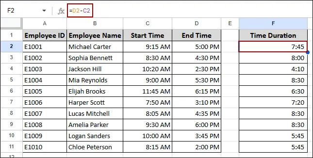 Determining Time Difference in Google Sheets