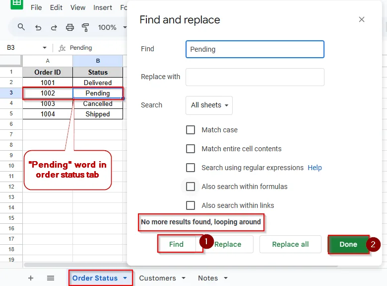 pending word in order status tab
