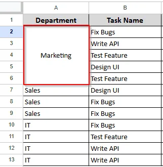 showing the rows are merged into one column