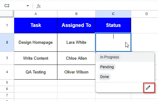 clicking edit icon to edit dropdown lists