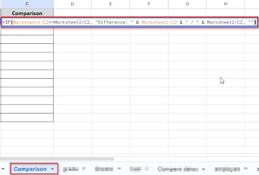 writing formula in comparison sheet