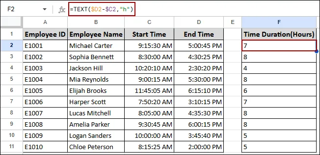 Determining Time Difference in Google Sheets