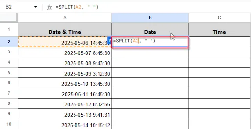 writing formula in cell B2 to separate date and time