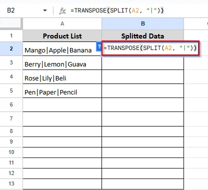 writing formula on cell B2