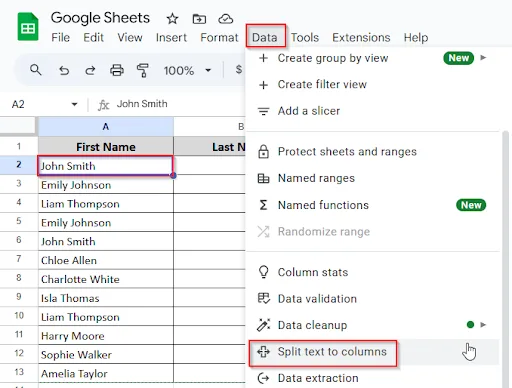 click data and split text to columns