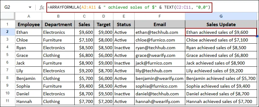 Concatenating Data Using ARRAFORMULA Function in Google Sheets