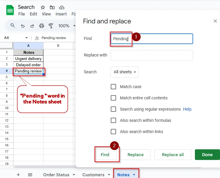 pending word in the notes tab