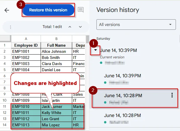 restore this version button