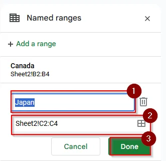 select the range and name the range japan