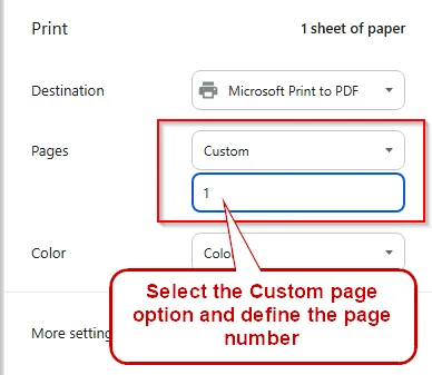 choosing custom page option and define page number
