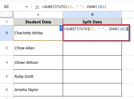 writing formula in cell B2 to split cell in half