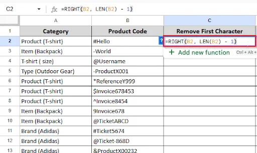 writing formula in cell C2 to remove first character