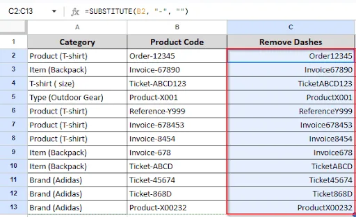 dragging formula down to remove dashes from other cells