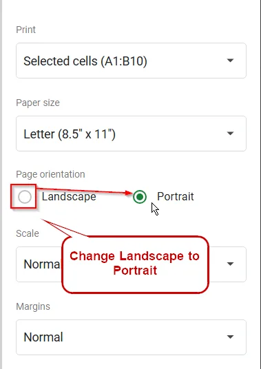 choosing portrait option to change the page orientation