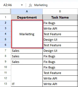 selecting cells A2 to A6