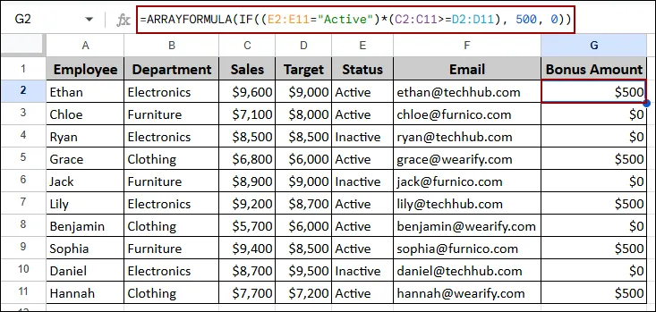 ARRAYFORMULA Google Sheets Examples