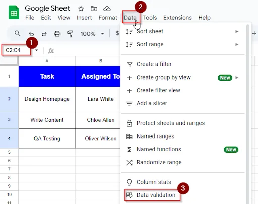 clicking data and data validation option in cells C2:C4