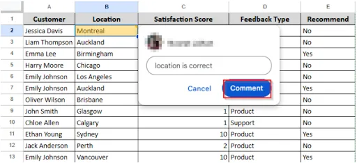 clicking comment option