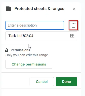 clicking trash bin to unprotect cells