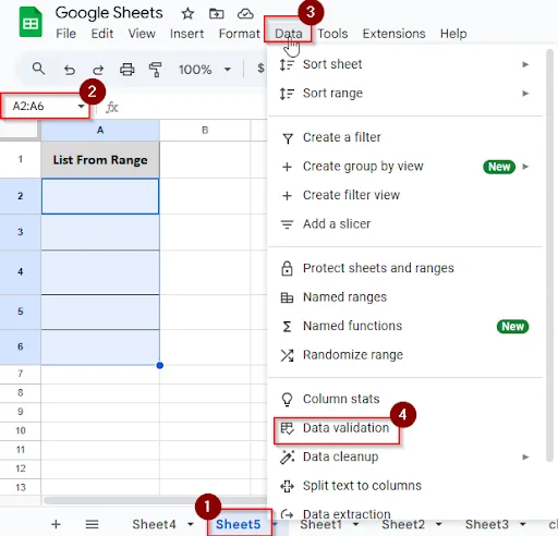 clicking data and data validation in sheet 5