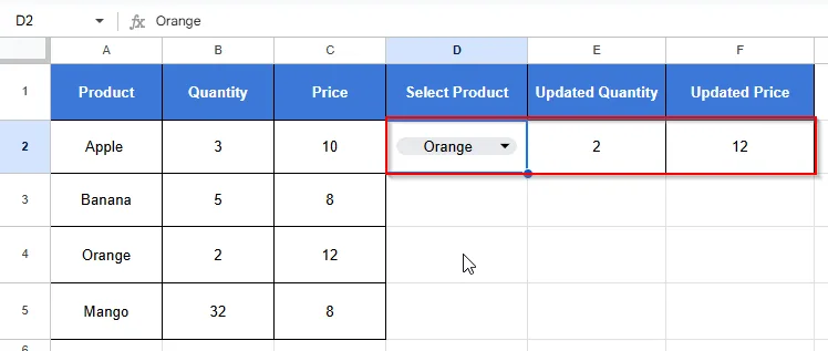 result of updating cell value