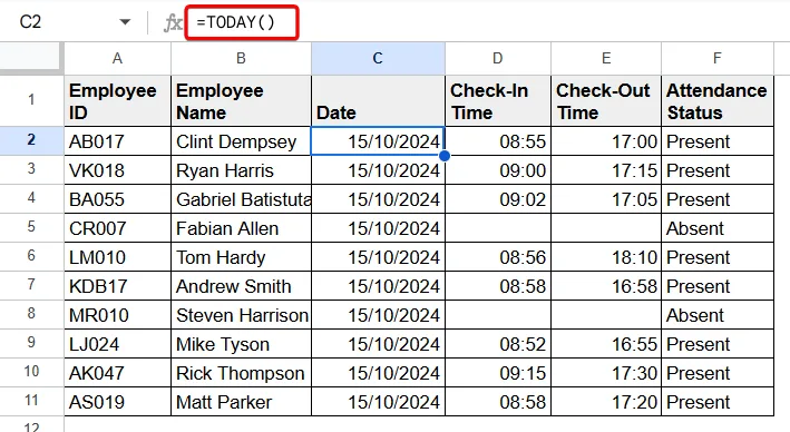 Google Sheets Current Date
