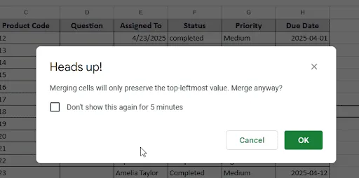 confirmation message to merge cells