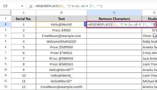 writing formula in cell C2 to remove special character