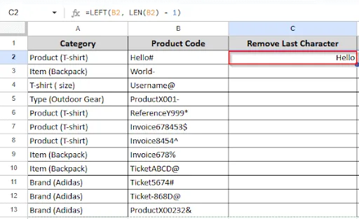 showing result in cell C2 after removing last character
