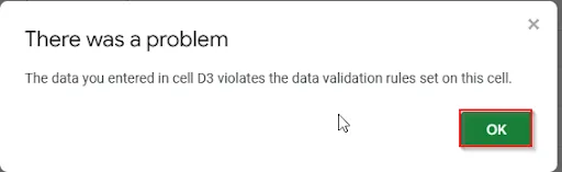 pop-up message to show problem