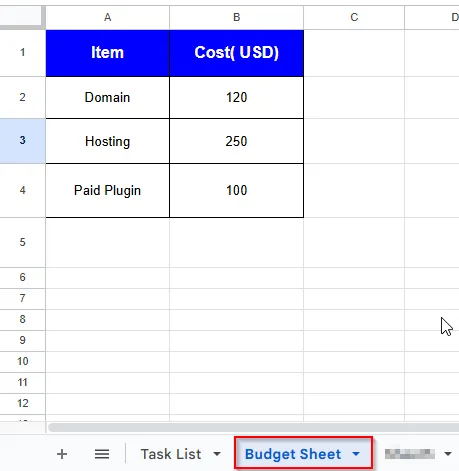 budget sheet dataset for view and hide from others method