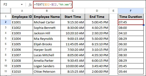 Determining Time Difference in Google Sheets