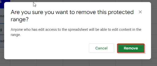 clicking remove option to unprotect cells