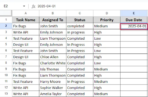 writing date on cell E2