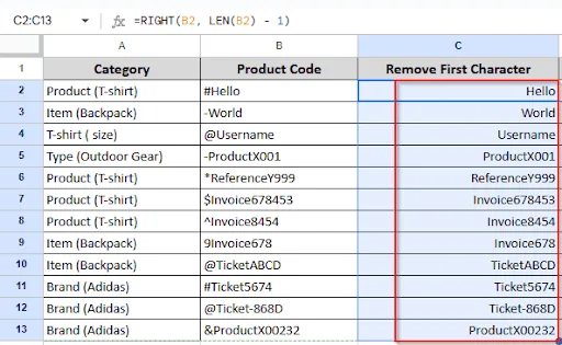 dragging to remove first character from other cells