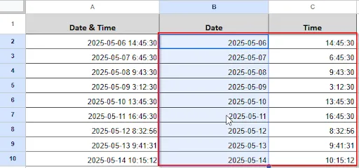 dragging to separate other cells date and time