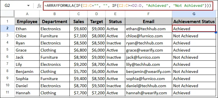 ARRAYFORMULA Google Sheets Examples
