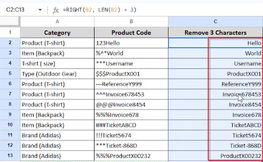 dragging to remove first 3 characters from other cells