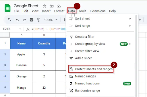 clicking data and protect sheet ranges in the protect formulas method