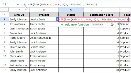 writing formula on cell C2 to compare data